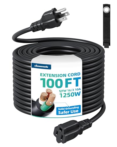 DEWENWILS 100FT 16/3 Extension Cord, Outdoor Extension Cord with Storage Strap, 3 Prong SJTW Flexible Weatherproof Power Cable, 125V/10A/1250W, Black, ETL Listed