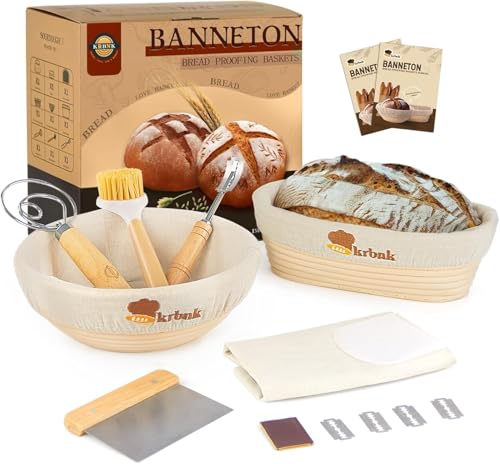 Sourdough Bread Proofing Basket, Sourdough Starter Kit with 9 Round & 10 Oval Bannetons Basket, Indonesian Rattan Bread Baking Supplies, Bread Making Tools Bread Lame Linen Liner