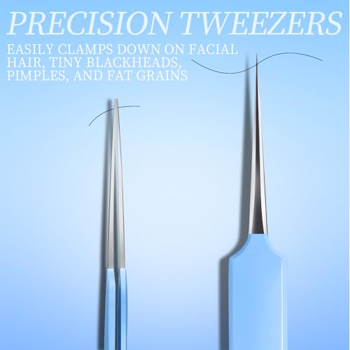 Teenitor 7 Pcs Professional Blackhead Remover Tweezers and Pimple Popper Tool Kit, Tweezers for Women Facial Hair, Blackhead Extractor, Pimple Extractor, Light Blue - Thumbnail 6
