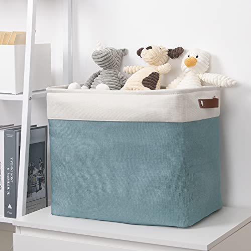 Image of DULLEMELO Large Collapsible Storage Basket /Bin with Sturdy Leather Handles, Fabric Organizer Bin for Storage Clothes, Toys, Books, Office, Bedroom, Closet, Nursery & Laundry (White&Teal)