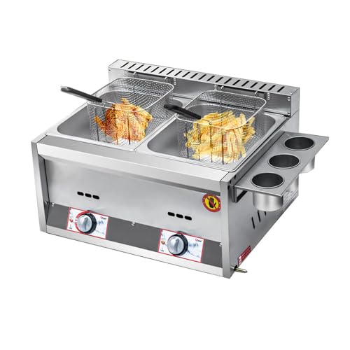 20L Stainless Steel Gas Deep Fryer with Lid, Independent Temperature Control Knob for Commercial and Home Kitchen Use