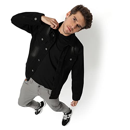 Image of Campus Sutra Men's Dark-Washed Black Regular Fit Denim Jacket For Winter Wear | Collared Neck | Full Sleeve | Buttoned | Casual Denim Jacket For Man | Western Stylish Denim Jacket For Men
