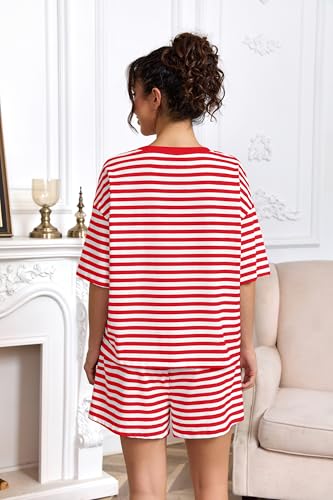 Image of Ythomm Striped Pajamas Shorts Sets Women 2 Piece Lounge Outfits Short Sleeve Tees Drawstring Shorts Summer Matching Pj Sets