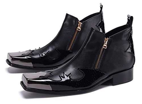 Santimon Mens Chelsea Boots Black Leather Casual Square Toe Metal Tip Zipper Shoes