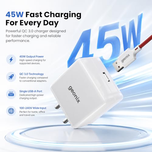 Image of Geonix Atomic A45 45W Fast Charger with 1Meter Type-C Cable | USB-A QC 3.0 Output | Multi-Protocol Fast Charging | FR Fire-Resistant Material | Travel-Friendly Mobile Charger Adapter(White)