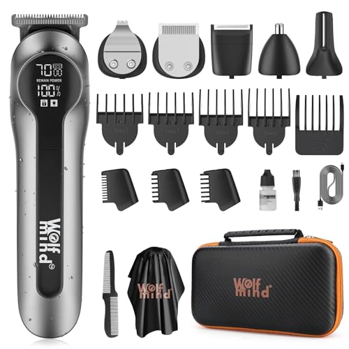 Wolf Mind 14-in-1 Beard Trimmer for Men, Hair Clippers & Electric Shaver with Nose Trimmer, Dual-Speed Motor, LED Display, 90min USB Type-C...