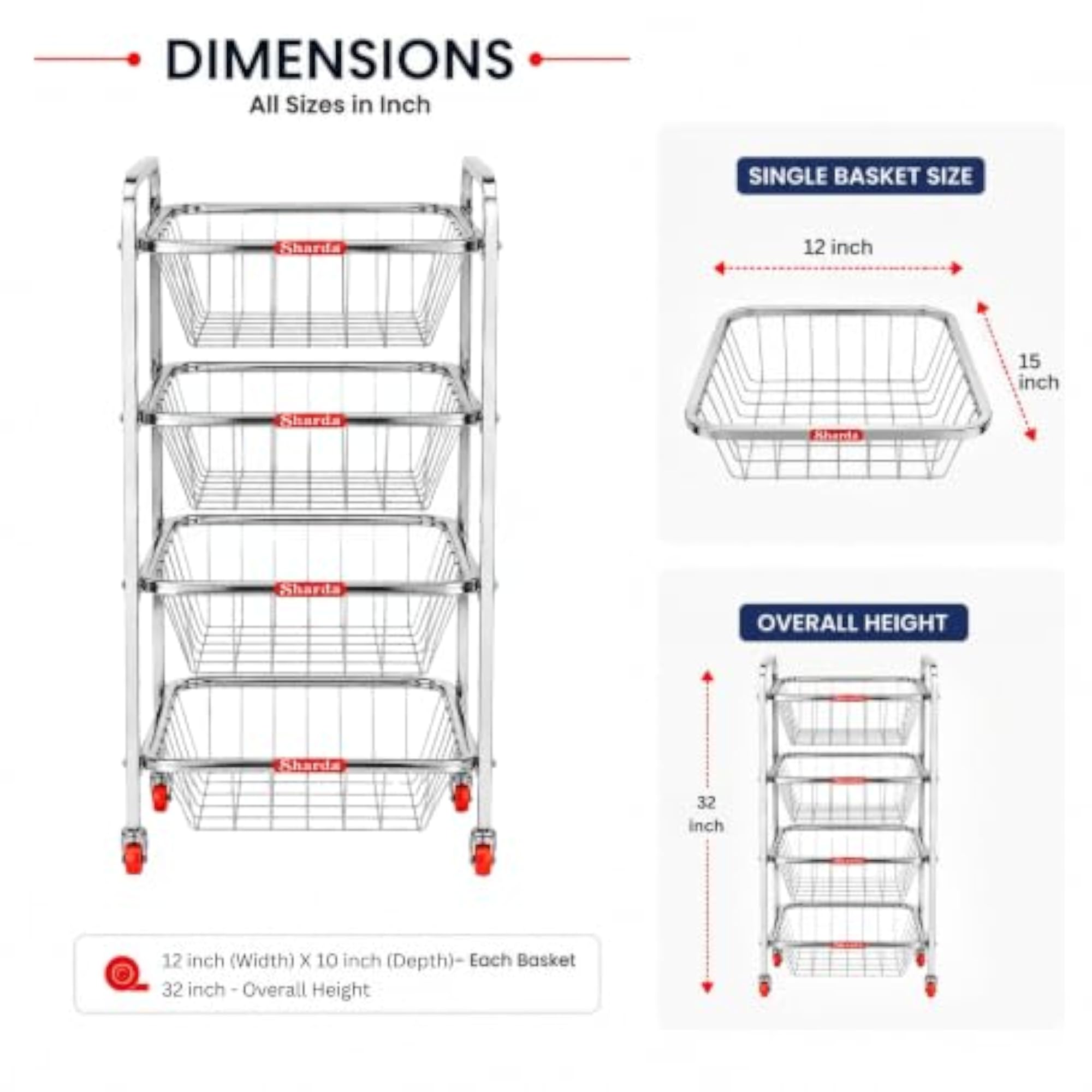 Stainless Steel Kitchen Storage Trolley with Wheels