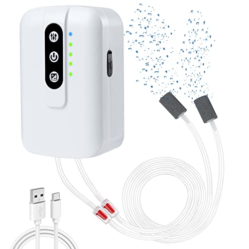 GuDoQi Rechargeable Aquarium Air Pump, Dual Outlet Fish Aerator, 2W Quiet Adjustable Aquarium Bubbler for 120 Gallon Fish Tank, Ideal for Outdoor Fishing, Fish Transportation, Power Outages