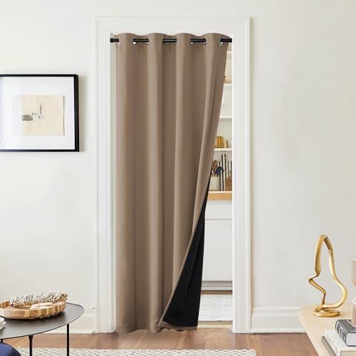 PONY DANCE Vorhang Tür Gardine 100% Blickdicht 1 Stück H 220 x B 140 cm Cappuccino, Lichtundurchlässige Gardinen mit Ösen Dicker und Schwerer Verdunklugsvorhänge Thermogardine Kälteschutz