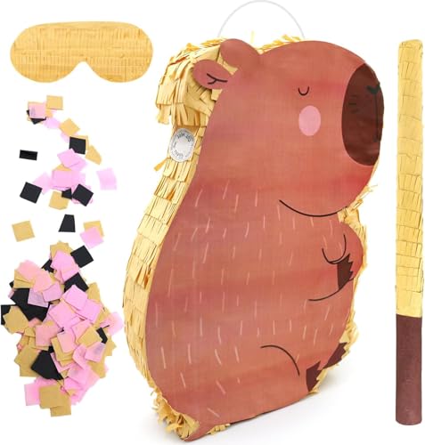 FORENEE Capybara Pinata, Large Pinata for Kids(15"x10.5"x3"), Complete Set with Stick & Bat Blindfold, Animal Piñata for Birthday Party, Capybara Birthday Decorations for Kids Theme