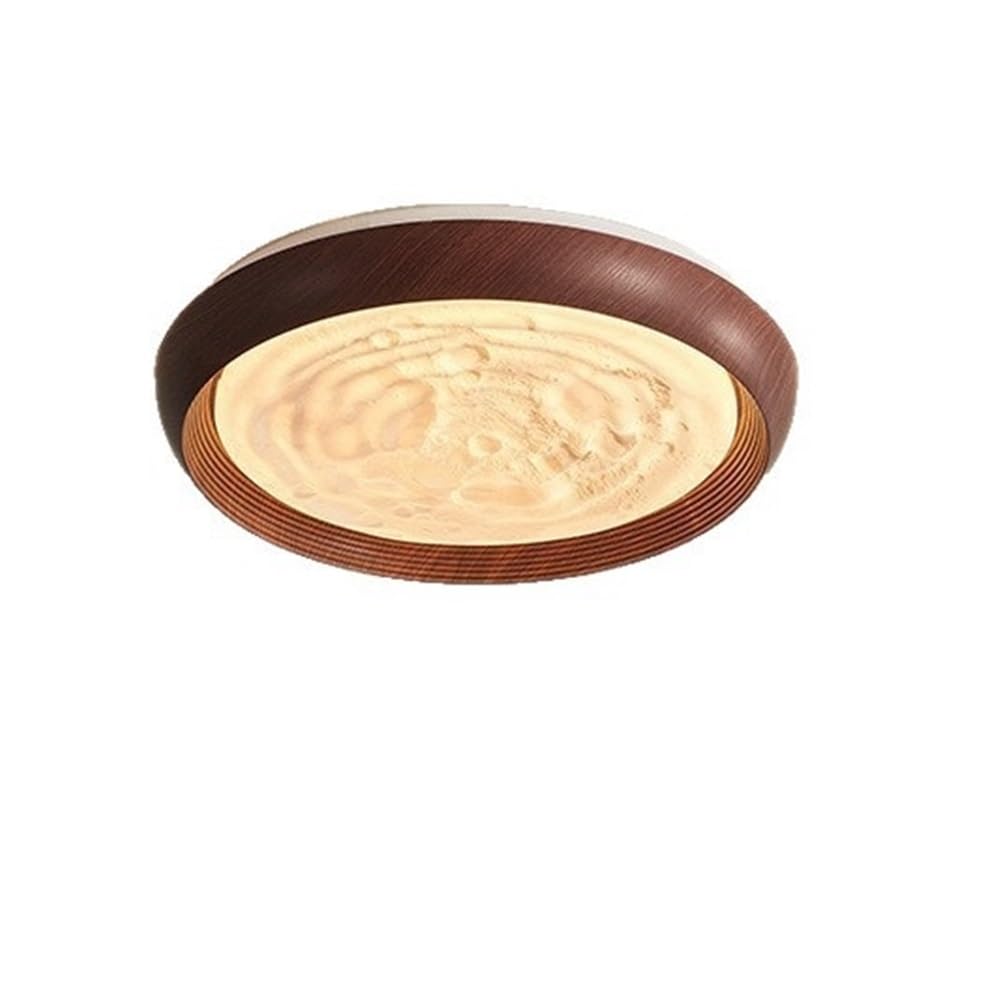 LYOUAE Mid-Century Retro Round Ceiling Light Imitation Walnut Wood Metal Semi-recessed Ceiling Light LED Dimmable Close-to-Ceiling Lamp