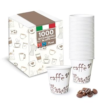 Bicchierini da Caffè, 1000 Pezzi, Usa e Getta Biodegradabili 75 ml, Bicchierini Caffè Espresso Monouso Compostabili Ecologici in Carta, Resistenti, Ideali per Bar e Uffici, Confezionati in Italia