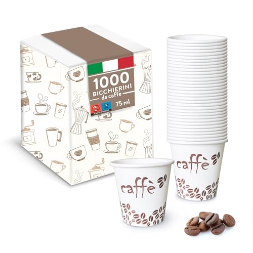 Immagine prodotto: Bicchierini da Caffè, 1000 Pezzi, Usa e Getta Biodegradabili 75 ml, Bicchierini Caffè Espresso Monouso Compostabili Ecologici in Carta, Resistenti, Ideali per Bar e Uffici, Confezionati in Italia