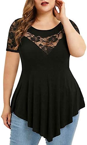 Chvity Women Summer Elegant Blouses O-Neck Short Sleeve Lace Tunics for Summer Shirt Tops 1X Black