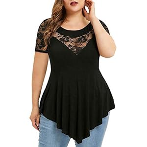 Chvity-Womens-Plus-Size-Tops-O-Neck-Asymmetric-Short-Sleeve-Tunics-Lace-Blouse-Shirts-for-Summer-Casual-S-5X Chvity Plus Size Tunic Tops for Women Crewneck Casual Short Sleeve Lace Blouse Cotton T-Shirts 2X Black