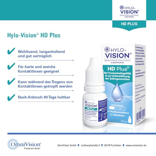 Hylo-Vision HD Plus Augentropfen – Befeuchtung & Schutz bei trockenen und gereizten Augen, unterstützen die Zellregeneration, leichtviskos, geeignet bei Kontaktlinsen, 2x15 ml