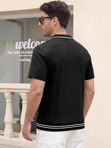 Crastimo Men's Textured Polo Shirt Vertical Rib Short Sleeve Contrast Trim Collar Hem 2-Button Classic Fit Casual Golf Black XL — view 2