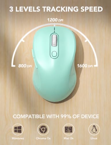 Image of Trueque Wireless Mouse for Laptop, Ergonomic 6-Button Mouse, Mint Green | 2.4GHz USB receiver, back /forward buttons, 3 adjustable DPI levels, silent clicks, USB-C adapter, Windows /Mac /Chrome OS /Linux