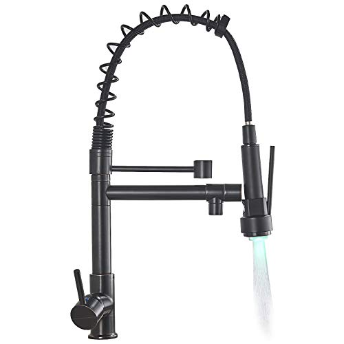 NeierThodore Commerical Pull Down Kitchen Faucet Sprayer with LED Two Spout Single Handle Oil Rubbed Bronze Kitchen Sink Faucet Brass Stainless Steel Industrial Kitchen Faucets