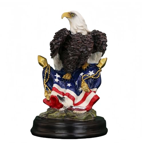 Big Stone Art Bald Eagle with American Flag Figurine Resin Statue Patriotic Decor with Base Hand-Painted Collectible Sculpture Outdoor Garden Indoor Home Office Desk Decorative (Double Flags)