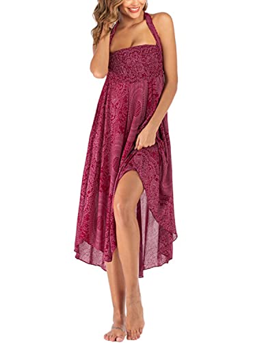 JENJON Femme Robe Imprimé Fleurie Ete Boheme Jupe Style Ethnique 2 en 1 sans Manche Plage Strap Wrap Taille Unique A-Rouge