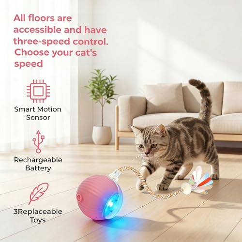 EGITEW Rechargeable Smart Rolling Cat Ball, Automatic Interactive Cat Toy with 3 Modes, LED Light & 3 Replaceable Accessories, Indoor Cat Exercise Toy for Kittens & Adult Cats, for Boredom Relief Red