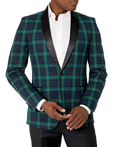 Billy London Men's Slim fit Evening Jacket, Green/Blue Plaid, 46 Long