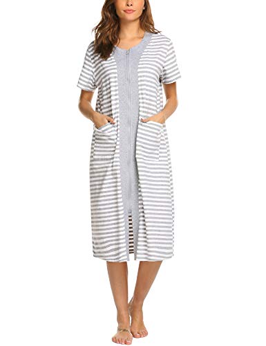 Ekouaer Zipper House Dresses Long Sleepwear Cotton Nightgowns Short Sleeve Housecoat With Pockets For Women (L, White) #TOP1