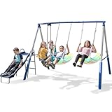 Sportspower Super Lights Metal Swing Set with LED Swing Seats, 2 Person Glider and 5ft Slide, 500lb Capacity, Light Grey and Blue with Slide