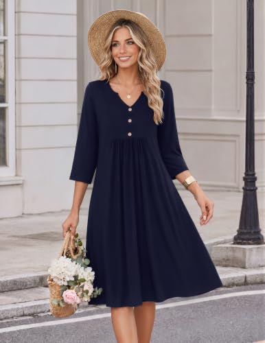 Image of Zeagoo Womens Dresses 3 /4 Sleeve Casual Fall A Line Midi Dress with Pockets