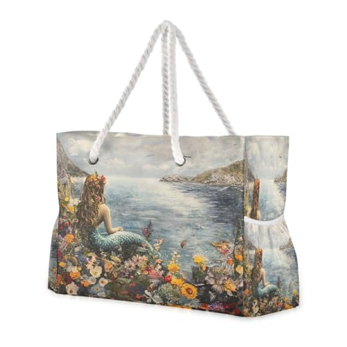 Mermaid and Flowers Beach Bag & Travel Tote Bag Large Sandproof with Zipper Closure, Wet Pouch for Swim Gym Travel, Lightweight Foldable Outdoor Bag
