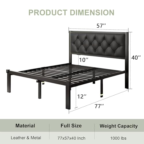 Image of Feonase Full Size Metal Bed Frame with Faux Leather Button Tufted Headboard, Heavy-Duty Platform Bed Frame with 12 inch Storage, Steel Slats Support, No Box Spring Needed, Noise Free, Matte Black