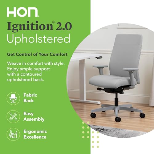 Image of HON Ignition 2.0 Ergonomic Office Chair with Adjustable Arms, Advanced Synchro‑Tilt Recline, Upholstered Desk and Computer Chair for Home Office or Workstation, Titanium Frame, Fog