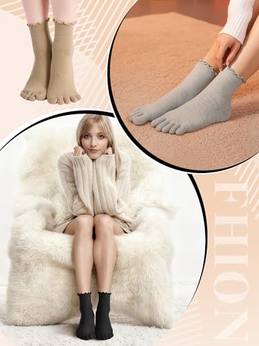 Image of Fourluoo 6 Pair Women Toe Socks Cotton Ruffle Five Toe Sock Finger Running Socks with Toes Separated for Women Men Athletic