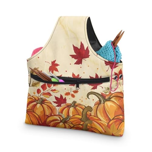 Image of KUIFORTI Maple Leaf Yarn Bag Crochet Tote Bag Pumpkin Yarn Storage Organizer Travel Wrist Tote Comfortable for Crocheting Lightweight for Knitting Accessories Fall Gifts