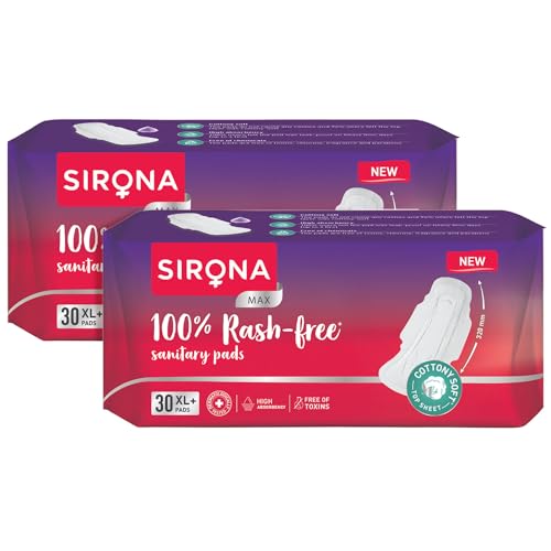 Image of Sirona Max Sanitary Pads for Women | XL Plus (Pack of 60 Pads) | 100% Rash Free & Toxic-Free | Organic Cotton Sanitary Pad | Up to 0% Leakage, Comfortable & High Absorbency