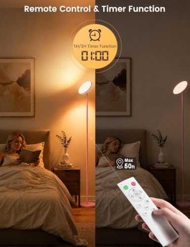 Image of UFO LED Torchiere Floor Lamp with RGB Ambient Light, 42W 3700LM Bright Dimmable Sky Lamp,71in Modern Tall Standing Lamp with Remote Touch Control&Timer,for Living Room Bedroom Office Gaming Room,Pink