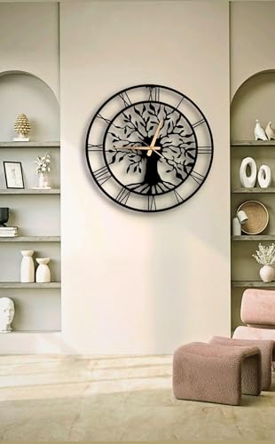 Image of Metal Wall Clock for Living Room, Bedroom, Office, Kitchen, Home and Hall, Stylish Designer Big Size Modern Wall Watch for Home Decor Black (Tree of Life, 40 CMS)