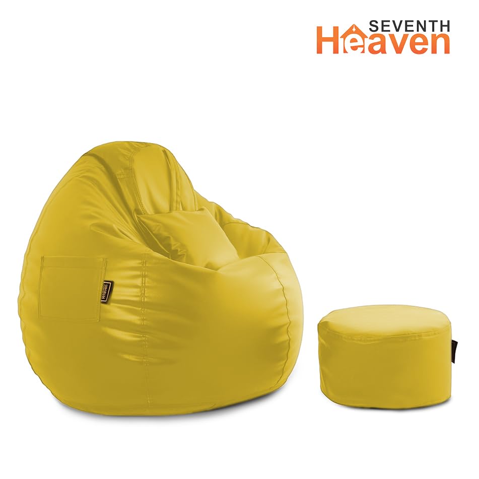 Image of Seventh Heaven 4XL Bean Bag Cover with Footrest and Cushion (Without Beans) | Premium Scratch Resistant Leatherette | (Leatherette Fabric - Yellow)
