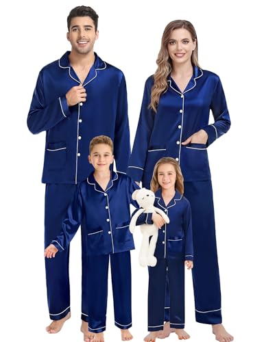 SWOMOG Family Matching pyjamas Sets Silk Pjs Set with 2 Pockets Long Sleeve Button Down Sleepwear Loungewear Navy Blue-150