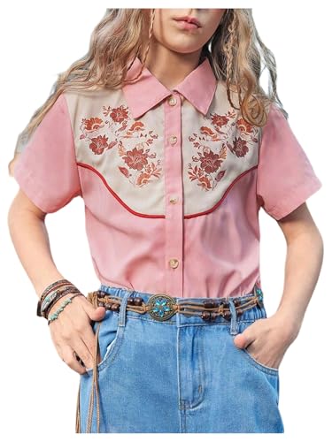 Girl's Western Shirt Floral Print Button Down Cowgirl Shirts Collared Neck Short Sleeve Casual Country Blouse