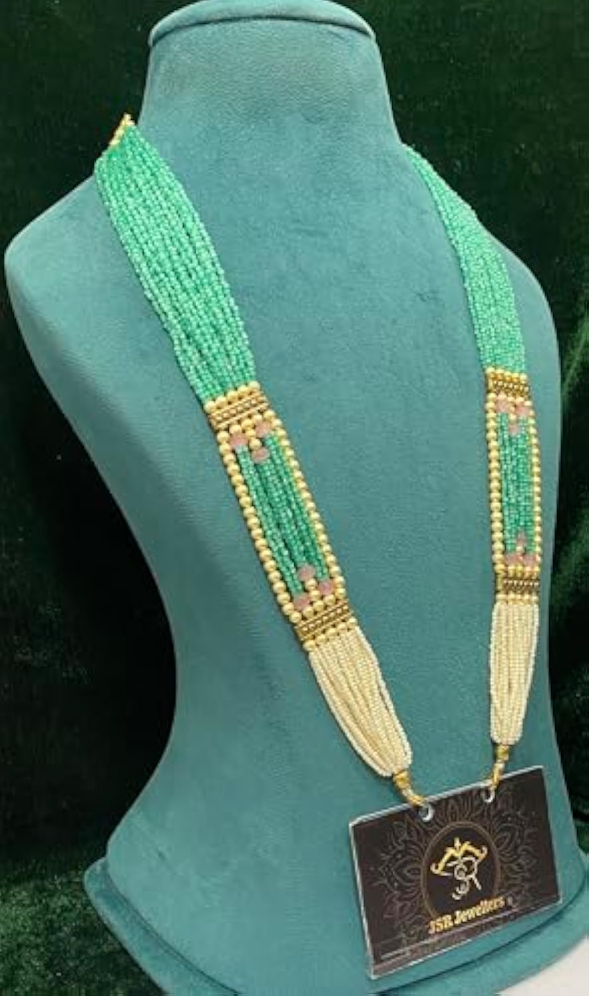 Multi-Strand Green & White Crystal Beaded Necklace, 24 Inches