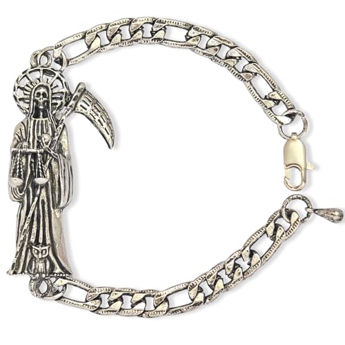 Santa Muerte Protection Bracelet - Mexican Spiritual Charm | Black/Silver | Día de los Muertos Gift for Men Boyfriend Husband Son