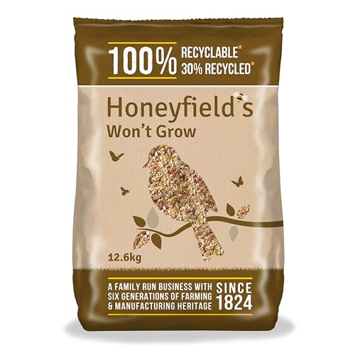 No Grow Bird Seed Mix for Wild Birds - Wild Bird Food for Small Birds for Patios and Non-Grass Areas, Kibbled Sunflower Hearts, Kibbled Peanuts, Ground Feeding and Bird Tables (12.6kg) - Honeyfield’s