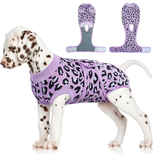 Image of FUAMEY Recovery Suit for Dogs After Surgery,Soft Breathable Dog Bodysuit E-Collar & Cone Alternative Surgical Suit,Male Female Dog Neuter Spay Suits Anti Licking Wounds Onesie Purple Leopard XS