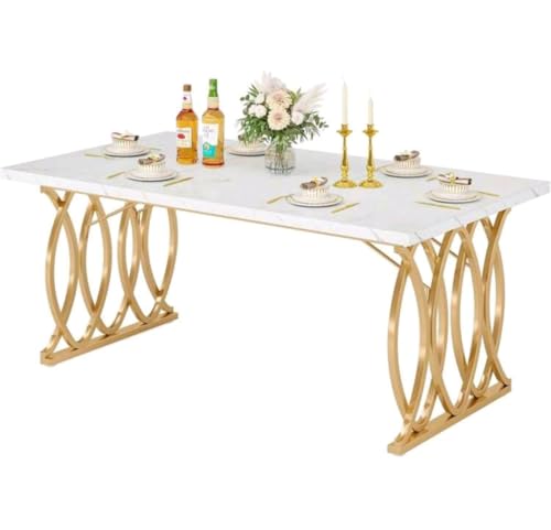 Modern Rectangular Dining Table for 4–6 People, 63" Large Kitchen Table with Faux Marble Tabletop & Gold Geometric Metal Legs — White & Gold Luxury Dining Room Furniture