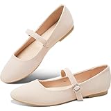 Obtaom Women's Beige Mary Jane Ballet Flats, Size 9, Medium Width, Low Top, Round Toe, Buckle Strap, Fabric, PVC Sole, Flat Heel, Casual, All Seasons