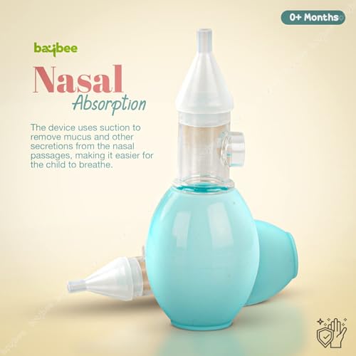 Image of Baybee Newborn Silicone Nose Cleaner - 100% Safe and Reusable U-Shaped Nasal Aspirator for Infants and Kids, Pump-Type Bulb Syringe for Gentle Mucus Removal (Blue)
