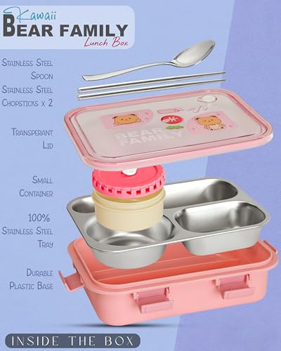 BOXITO Kawaii Bear Family Bento Pink 3-Compartment 22*16*6 cm - Image 4