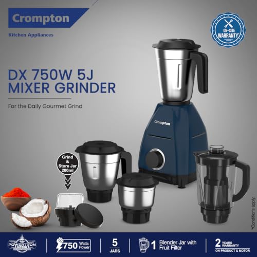 Buy Crompton DX 750W Mixer Grinder with 5 Jars| 3 Stainless Steel Jars, 1 Blender Jar with Fruit Filter & 1 Grind & Store Jar | Powertron Motor | 2 Years Warranty Online at Low Prices in India - Amazon.in - Image 3